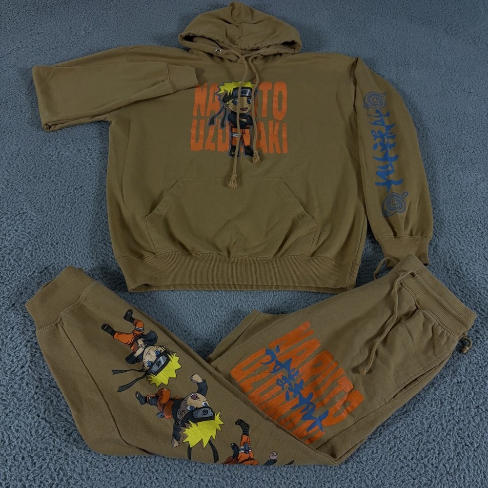 Naruto Shippuden Sweatsuit Mens Medium Brown Hoodie Sweatpants Spellout Anime
